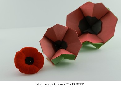 Velvet in forground with two origami poppies arranged smallest to largest.