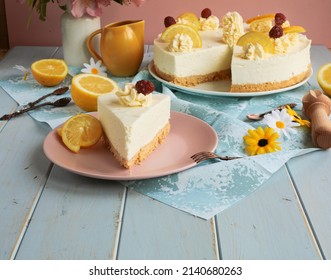 Velvety lemon cheesecake without baking. Gentle cold dough. Lemon cake. Dessert without baking. - Shutterstock ID 2140680263