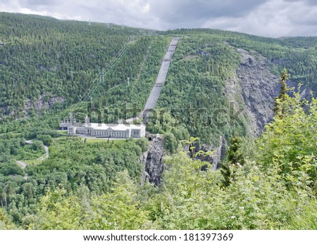 The Vemork hydroelectric plant in Rjukan, Norway from hillside opposite side. The first plant in the world to mass-produce heavy water.