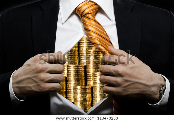 venality businessman or banker  in\
black costume throw open one\'s shirt packed heap gold\
money