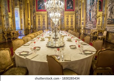 VENARIA REALE, ITALY - CIRCA AUGUST 2020: Luxury Dining Room In Baroque Style  With Gala Dinner Table Setting