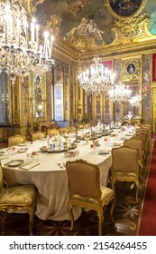 VENARIA REALE, ITALY - CIRCA AUGUST 2020: Luxury Dining Room In Baroque Style  With Gala Dinner Table Setting