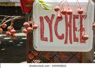 A Vendor's Lychee Sign Near The Beach In Hilo, Hawaii