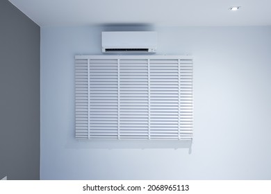 Venetian blind and air conditioner (ac) wall mount or indoor unit of split system consist of electric fan, filter and evaporator coil for climate, temperature and humidity control in room of home.