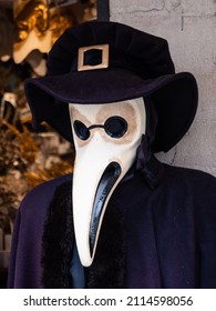 Venetian Bubonic Plague Doctor Mask With Beak And Costume In Venice, Italy