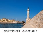 Venetian harbour and lighthouse in Chania, Crete, Greece.