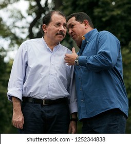 Cumaná (Venezuela) March 2, 2009. Venezuelan President Hugo Chavez (R) And Nicaraguan President, Daniel Ortega(L) Speaks   In Cumana, Venezuela. Photo / Harold Escalona