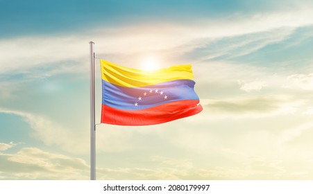 Venezuela National Flag Waving In Beautiful Sky.