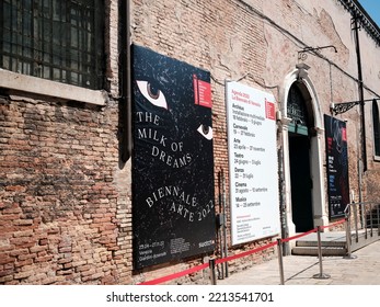 VENI, ITALY - Apr 25, 2022: A Number Of Posters On Walls During The 59th Venice Biennale International Art Exhibition