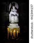 Venice - 12 November, 2016: Candles in front of the statue Pope Saint Pius X in the church of San Salvador (the Holy Savior), Venice, Italy. Focus on candles. 