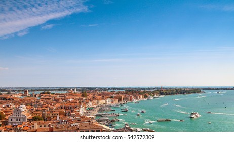 Venice aerial cityscape view from San Marco Campanile, sunny day in Italy