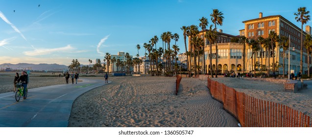 Venice Beach Bike Trail At Sunset, California