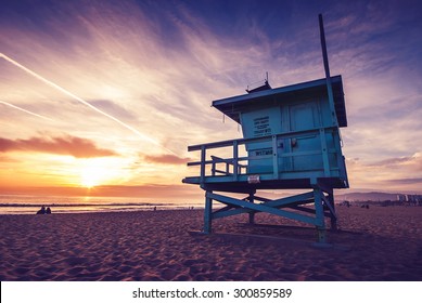 Venice beach, sunset. Lifeguard stand. Vacation, summer, travel, nature and life style concept. Vintage colors post processed.