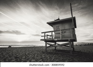 Venice beach, sunset. Lifeguard stand. Vacation, summer, travel, nature and life style concept. Vintage colors post processed.