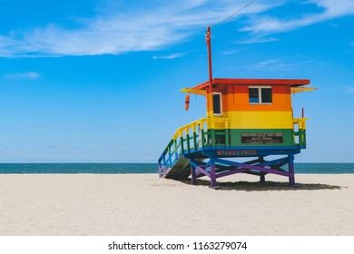 Venice Beach, USA - July 21, 2018: Rainbow Painted Lifeguard Tower For Venice Pride