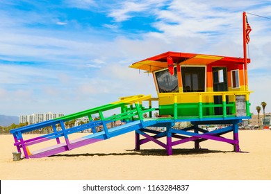 Venice Beach, USA - July 21, 2018: Rainbow Painted Lifeguard Tower For Venice Pride