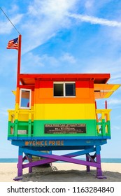 Venice Beach, USA - July 21, 2018: Rainbow Painted Lifeguard Tower For Venice Pride