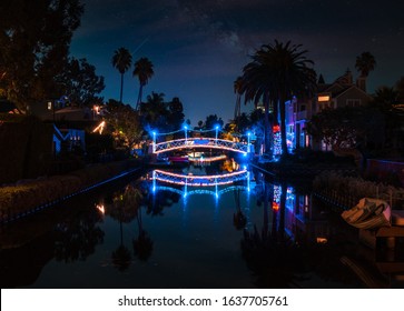 Venice Canals At Christmas In Los Angeles. Long Exposure Photo With Stars In The Night Sky.