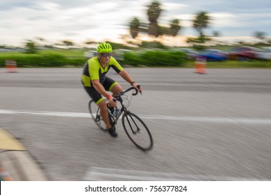 Venice Florida United States - 9/2/17: Man On Bike Competing In The Venice YMCA Triathalon