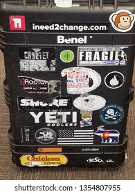 Venice, Florida / USA - 06/02/2018: Black Music Amp Carrying Case With Faded Stickers In Store On Carpet