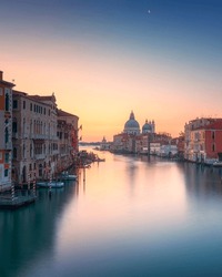 Venice Grand Canal View, Santa Maria Della Salute Church At Sunrise And The Moon. Italy, Europe.