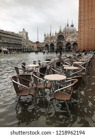 Venice, Italy - 1 November 2018: San Marco Square Under Water, City Has Been Flooded By Waters Rising 156 Cm