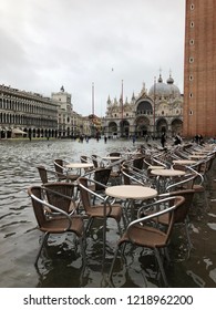 Venice, Italy - 1 November 2018: San Marco Square Under Water, City Has Been Flooded By Waters Rising 156 Cm