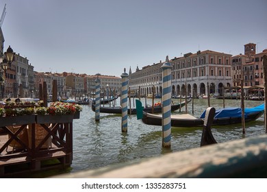 VENICE, ITALY 11 MARCH 2019: view of the Grand Canal in Venice with Gondolas moored in the foreground.