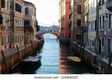 Venice, Italy - 25.01.2019: Morning in venice, first lights of the sun coming to the canal.