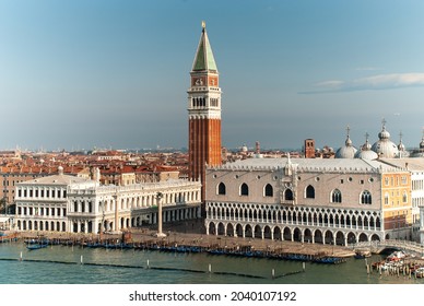 Venice, Italy: aerial view from Giudecca Canal to the Piazza San Marco with Campanile and Doge's Palace