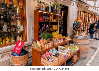 Venice, Italy - April 2, 2022: Traditional Italian food and snacks displayed at a shop stall in Venice, Italy.