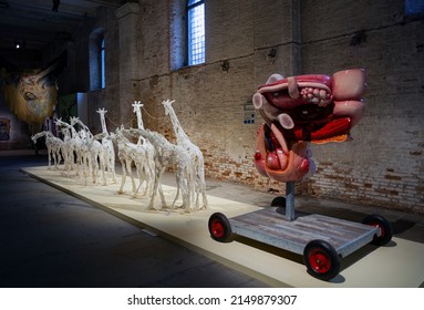 Venice, Italy - April 20: Installation titled Ability and Necessity by Raphaela Vogel at the 59th International Art exhibition of Venice biennale on April 20, 2022