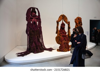 VENICE, ITALY - April 20: View of the Mrinalini Mukherjee's hemp figures titled Devi, Rudra and Vanshree at the 59th Venice biennale on April 20, 2022