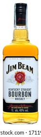 VENICE, ITALY - APRIL 2020. Bottle of American Bourbon Whiskey Jim Beam White Label 1 liter, 40%Vol.
