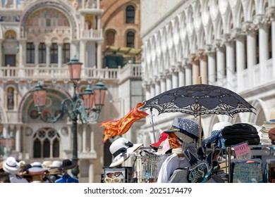 Venice, Italy, Europe - May, 8th, 2021 -   Umbrellas Markets In St Mark's Place  