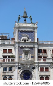 Venice in Italy and the famous Clock Tower called Due Mori and the lion with wings