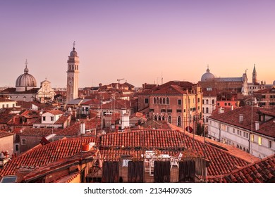 Venice, Italy historic skyline towards San Giorgio dei Greci and other historic landmarks at dusk.