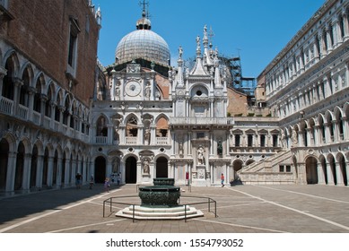Venice, Italy: inner courtyard of white Doge's Palace. The Doge's Palace (Italian: Palazzo Ducale) was the residence of the Doge of Venice, the supreme authority of the former Venetian Republic