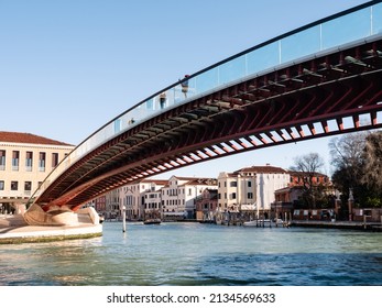 Venice, Italy - January 7 2022: Ponte della Costituzione or Constitution Bridge ove the Grand Canal designed by Santiago Calatrava.