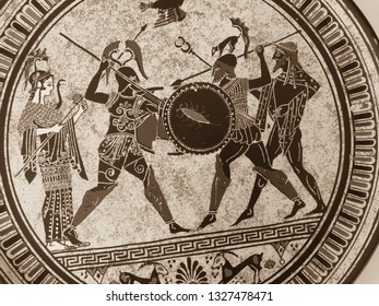 VENICE, ITALY - JULY 02, 2017: Detail From An Old Historical Greek Paint Over A Dish. Mythical Heroes And Gods Fighting On It