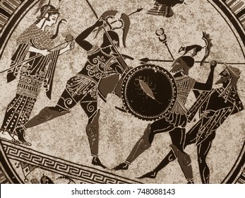 VENICE, ITALY - JULY 02, 2017: Detail From An Old Historical Greek Paint Over A Dish. Mythical Heroes And Gods Fighting On It