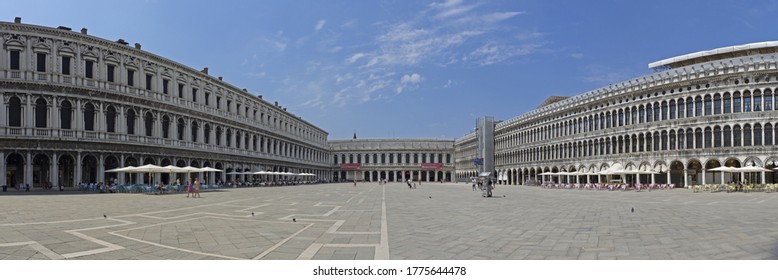 Venice, Italy. July 12, 2020. Amazing Landscape Of San Marco Square During Covid-19 Or Coronavirus Time. Very Few Tourists In The Square. Square Empty Due To The Lack Of Visitors For The Pandemic