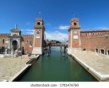 Venice, Italy - July 17 2020: Entry Gate To The Historic Arsenal Navy Shipyard In Venice