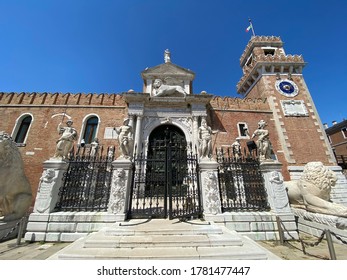 Venice, Italy - July 17 2020: Entry Gate To The Historic Arsenal Navy Shipyard In Venice