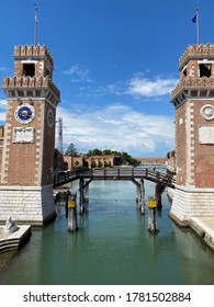 Venice, Italy - July 17 2020: Entry Gate To The Historic Arsenal Navy Shipyard In Venice