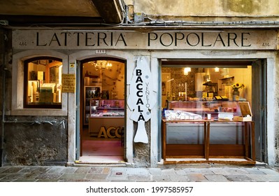 Venice, Italy - June 18, 2021: Vintage Food Store In Venice, Italy