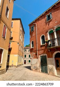 Venice, Italy - June 20, 2019: An Alleyway Between Residential Housing Blocks With No People In Downtown Venice, Italy.