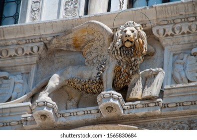 Venice, Italy: The Lion of St. Mark, or the Lion of Venice, located above the Giants Staircase at the Doges Palace, also known as Palazzo Ducale in Venice, Italy