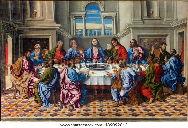 VENICE, ITALY - MARCH 14, 2014: The Last supper of Christ "Ultima cena" by Girolamo da Santacroce (1490 - 1556) in church San Francesco della Vigna.