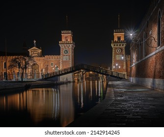 Venice, Italy - March 2022: A Night Shot Of The Arsenal Of Venice. Since The Beginning Of The XII Century, The Arsenal Was The Heart Of The Naval Industry Of Venice.